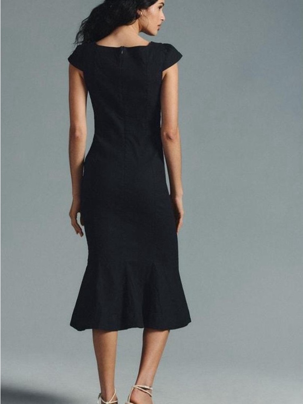 Anthropologie Black Midi Dress with Cap Sleeves and Button Front - Picture 2 of 9